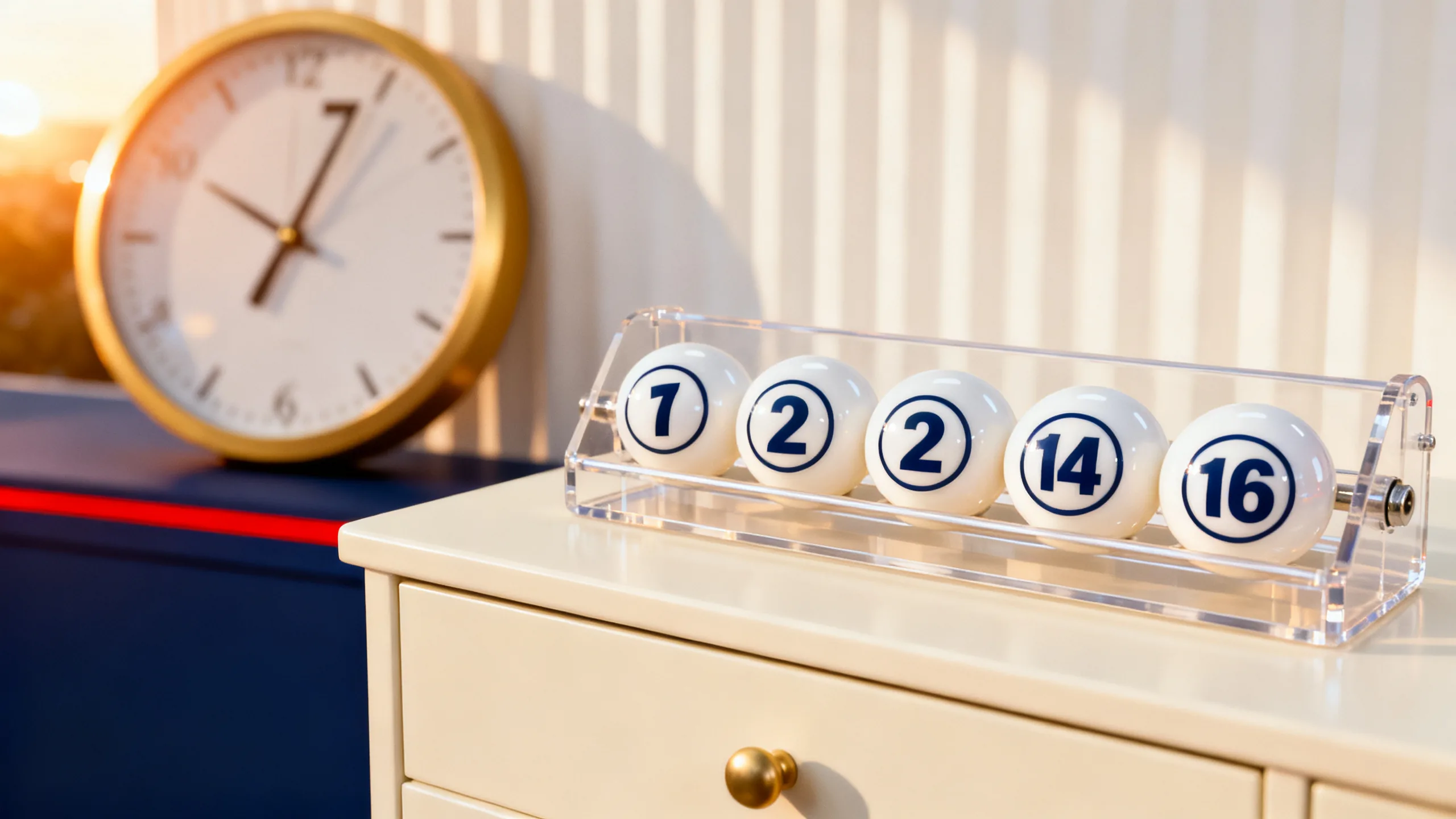 Lottery balls under a desk lamp beside a clock showing seven, illustrating Gosloto 5/50's single evening draw.